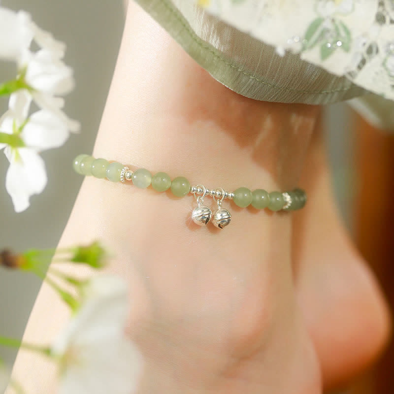 925 Sterling Silver Natural Hetian Jade Prosperity Bell Charm Anklet - Jade (Prosperity ♥ Abundance) - image 0