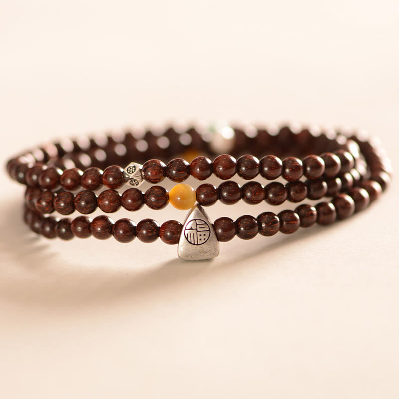 Buddha Stones 925 Sterling Silver Indian Small Leaf Red Sandalwood Fu Character Protection Triple Wrap Bracelet - image 1