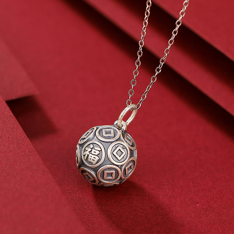 Buddha Stones 990 Sterling Silver Fu Character Copper Coin Luck Fortune Chain Necklace Pendant - image 2