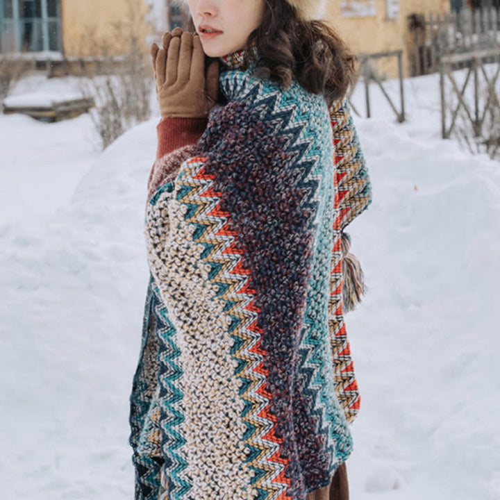 Buddha Stones Tibetan Shawl Blue Beige Red Wavy Pattern Winter Warm Tassel Scarf - image 7