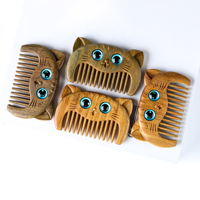 Buddha Stones Simple Cat Pattern Green Sandalwood Cure Portable Comb - image 7