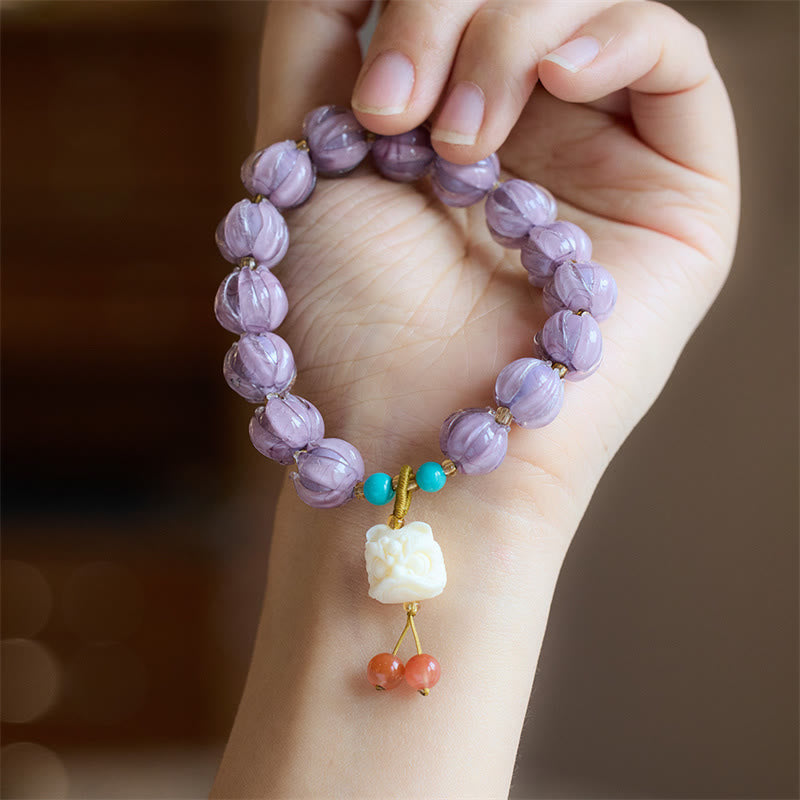 Buddha Stones Liuli Glass Bead Lotus Design Fluorite Ivory Fruit Dancing Lion Charm Enlightenment Bracelet - Purple Liuli Glass&Ivory Fruit Dancing Lion(Wrist Circumference 14-16cm) - image 5