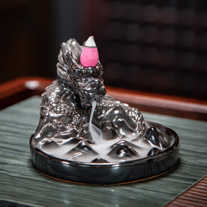 Dragon Pattern Ceramic Backflow Smoke Fountain Incense Burner Decoration - Black - image 11