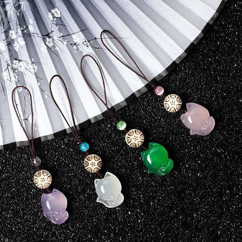 Natural Chalcedony Fox Harmony Phone Hanging Decoration - image 0