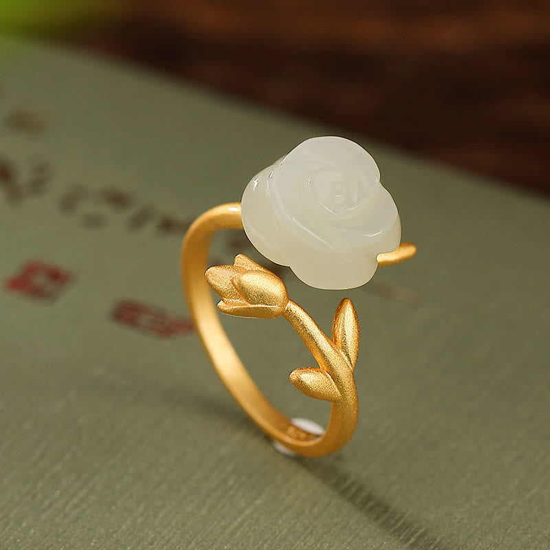Buddha Stones 925 Sterling Silver Plated Gold Rose Flower Hetian White Jade Happiness Ring - image 2