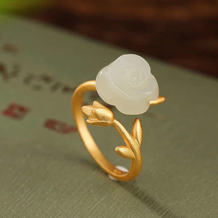 Buddha Stones 925 Sterling Silver Plated Gold Rose Flower Hetian White Jade Happiness Ring - image 2