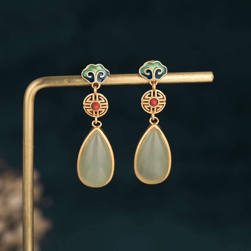 Buddha Stones FengShui Jade Double Happiness Fortune Earrings - Jade - image 0