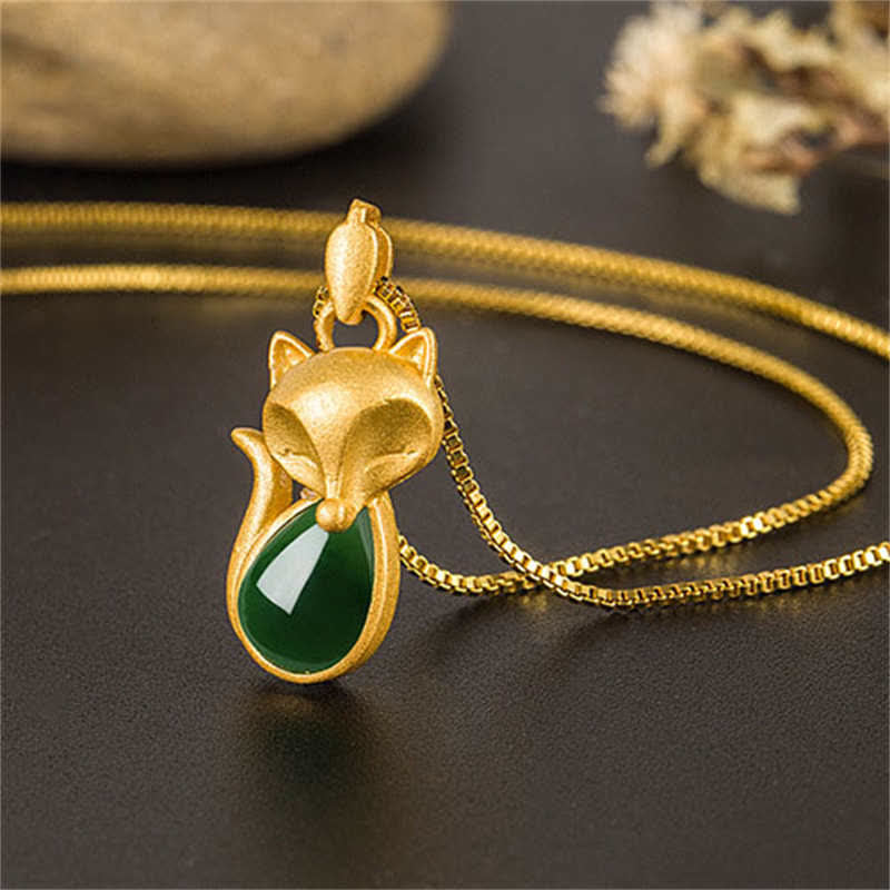 Buddha Stones Green Chalcedony Fox Pattern Courage Necklace Pendant - image 4