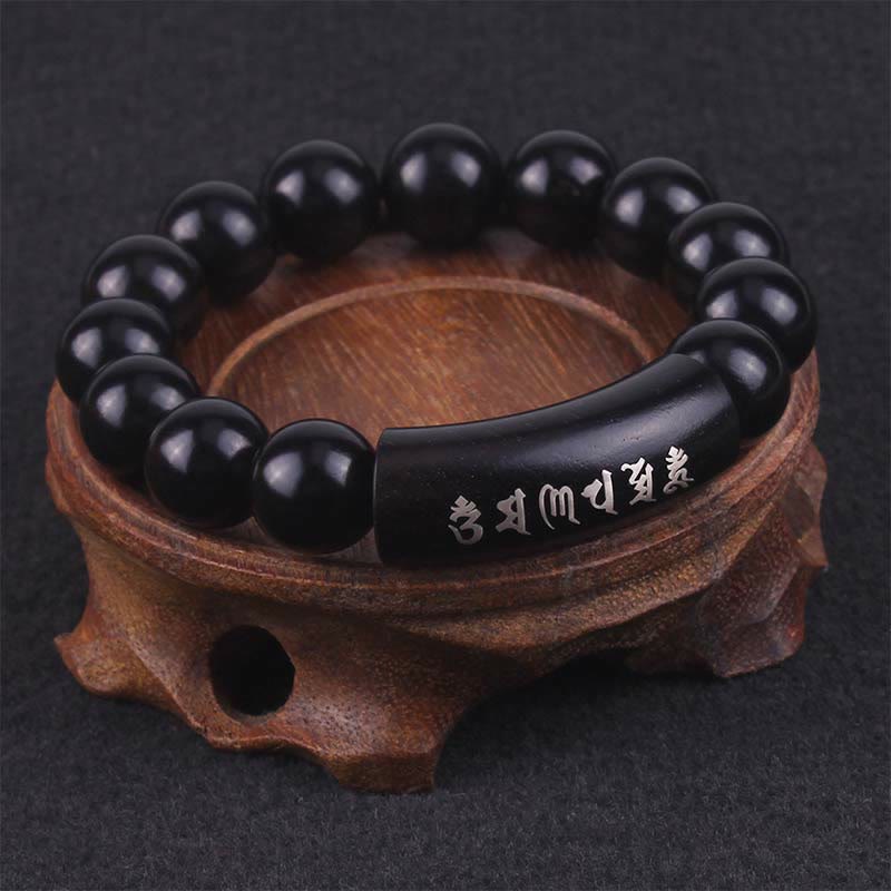 Buddha Stones 999 Sterling Silver Ebony Wood Om Mani Padme Hum Inlaid Balance Bracelet - image 1