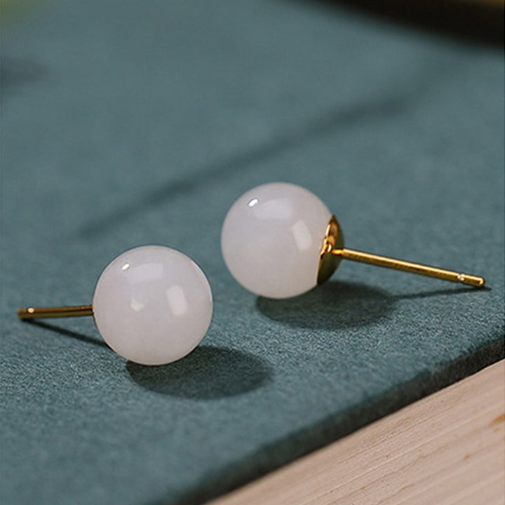 Buddha Stones 925 Sterling Silver Round White Jade Blessing Stud Earrings - image 11
