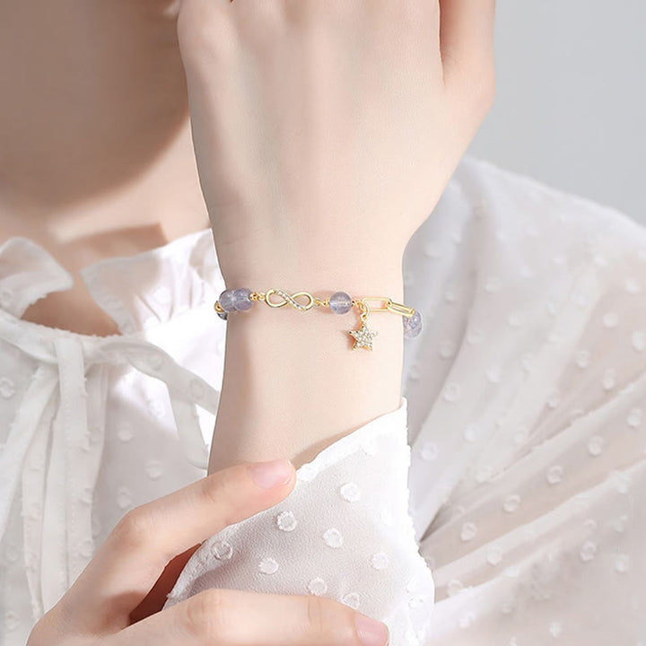 Buddha Stones 14K Gold Plated Natural Strawberry Quartz Moonstone Möbius Loop Eternal Love Star Positive Bracelet - image 9