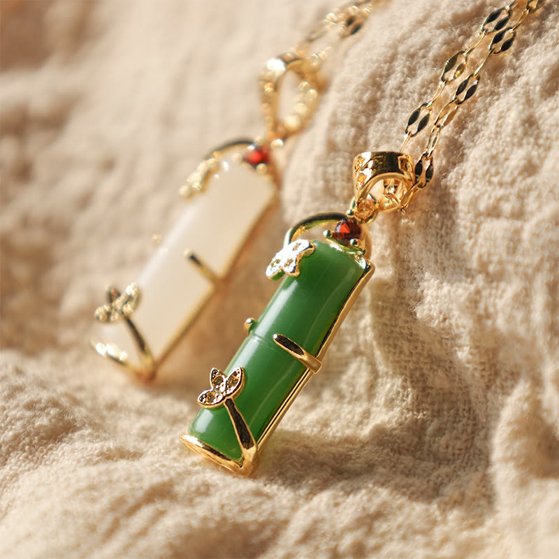 Buddha Stones White Jade Cyan Jade Bamboo Luck Protection Necklace Pendant - image 1