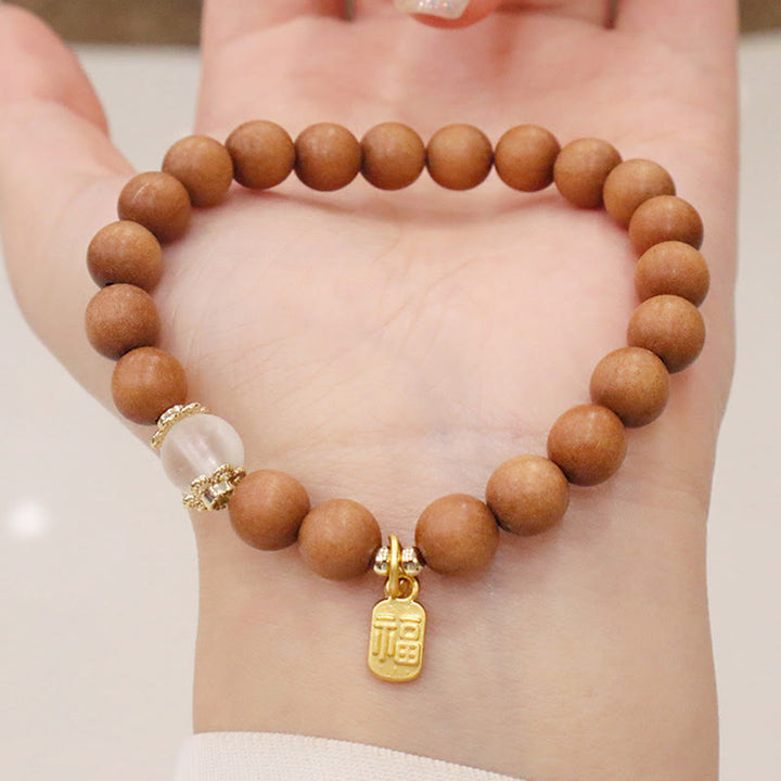 Buddha Stones Sandalwood Cat's Eye Fu Character Charm Protection Bracelet - image 3