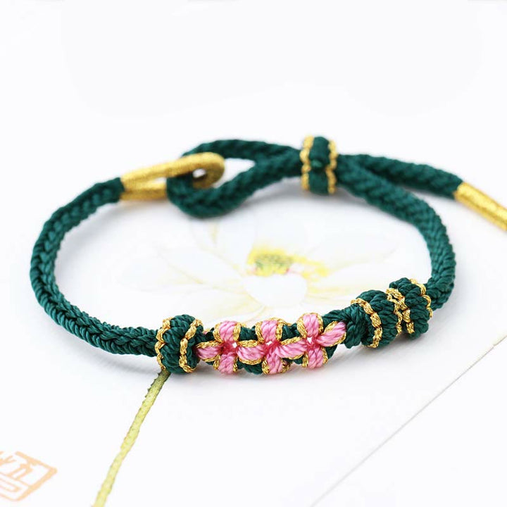 Buddha Stones Handmade Three Peach Blossoms Luck Eight Strands Braided String Bracelet - Dark Green(Wrist Circumference 14-19cm) - image 3