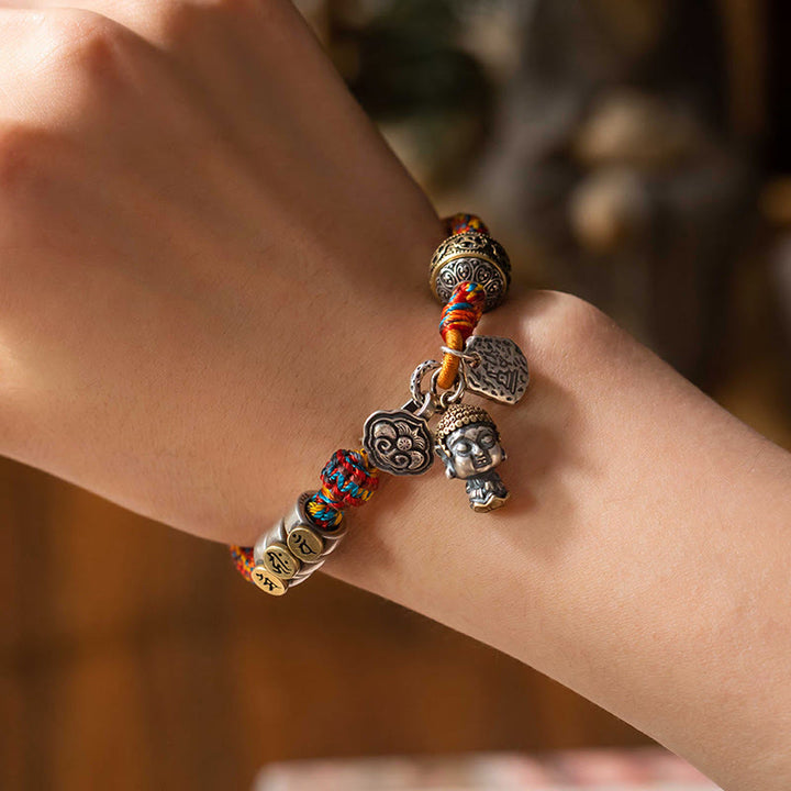 Buddha Stones Handmade Tibetan 925 Sterling Silver Chinese Zodiac Natal Buddha Zakiram Goddess of Wealth Protection Multicolored Rope Braided Bracelet - image 19