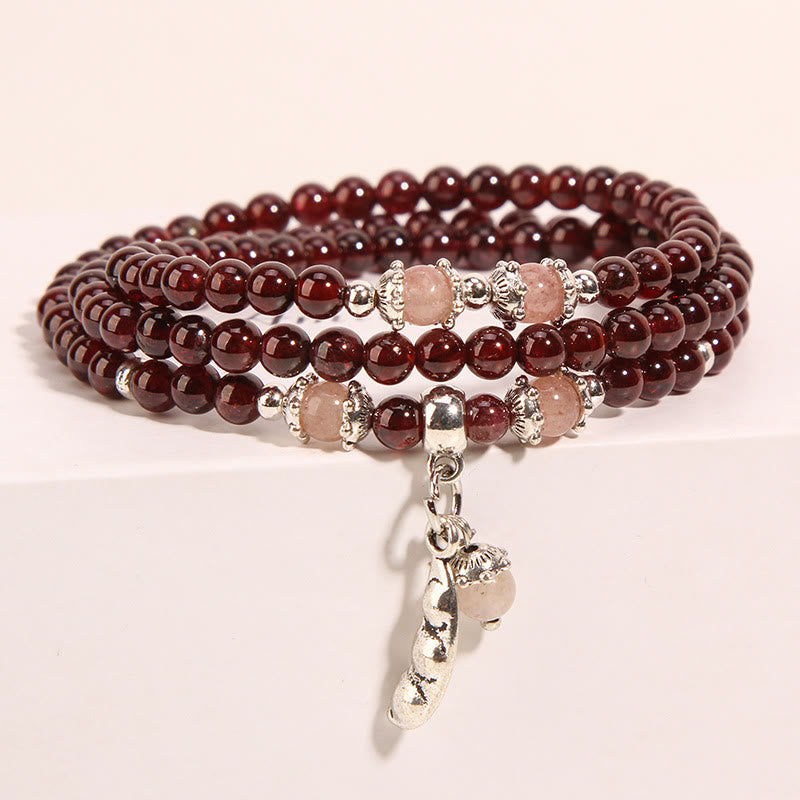 Buddha Stones Natural Garnet Strawberry Quartz Green Beans PiXiu Protection Triple Wrap Bracelet - Garnet&Green Beans - image 0