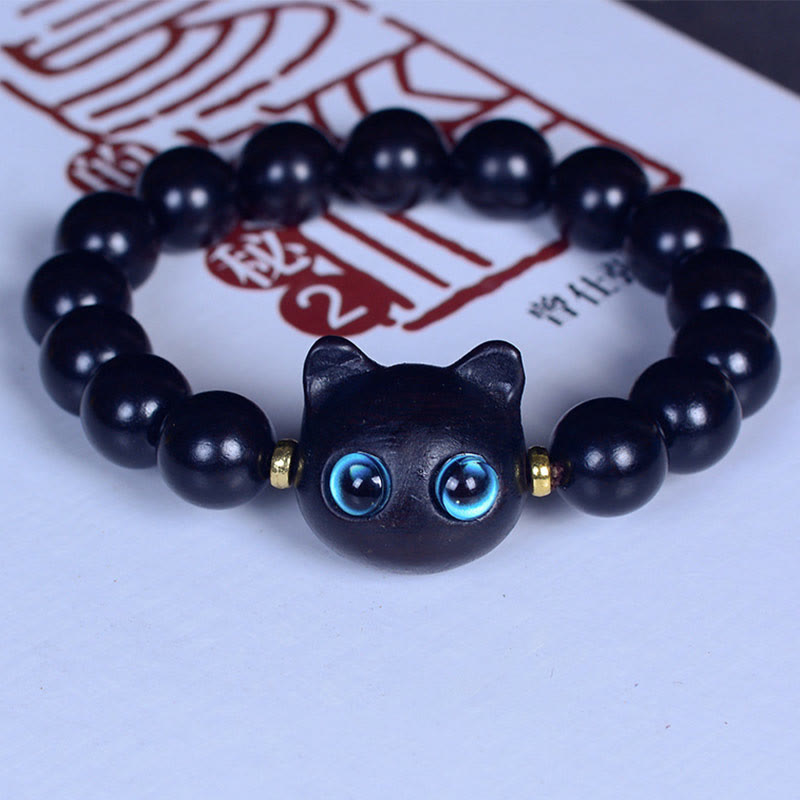 Buddha Stones Ebony Wood Liuli Glass Lovely Cat Peace Balance Bracelet - Ebony 12mm*15 Beads(Wrist Circumference 14-16cm) - image 12