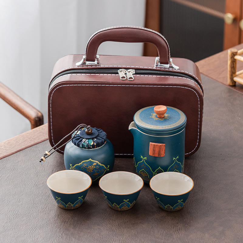 Buddha Stones Flower Chinese Gongfu Ceramic Teapot Portable Outdoor Travel Tea Set Bag - Cyan - 1 Teapot+3 Cups+1 Handbag+1 Tea Can - image 12