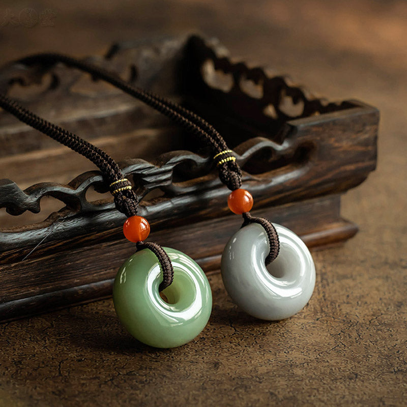 Buddha Stones Natural Round Jade Gray Jade Peace Buckle Luck Necklace Pendant - image 1