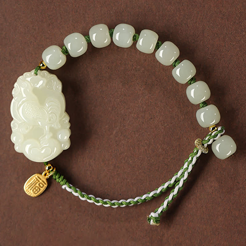 Buddha Stones 925 Sterling Silver Chinese Zodiac Hetian Jade Happiness Luck String Bracelet - Rooster - image 16