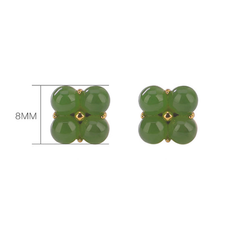 Buddha Stones 925 Sterling Silver Plated Gold Natural Cyan Jade Four Leaf Clover Luck Stud Earrings - image 7