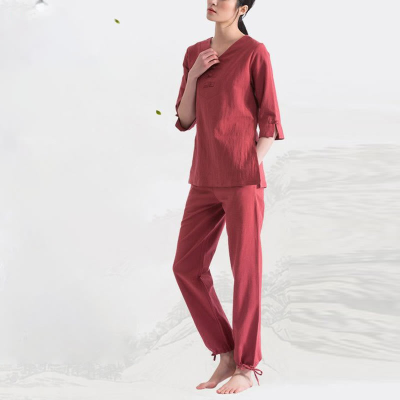 Buddha Stones Yoga Meditation Prayer V-neck Design Cotton Linen Clothing Uniform Zen Practice Women's Set - image 15