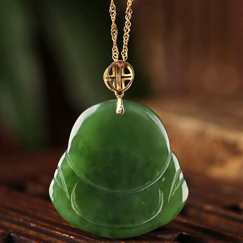 Buddha Stones 925 Sterling Silver Laughing Buddha Hetian Cyan Jade 18K Gold Success Necklace Chain Pendant - image 7