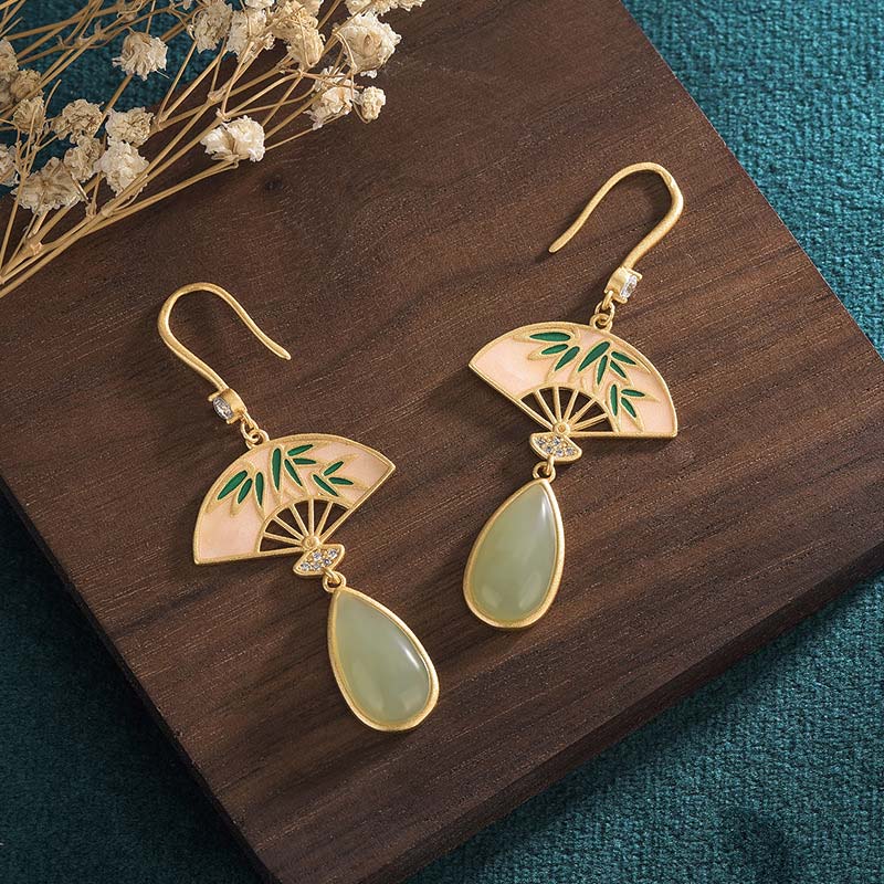 Buddha Stones Natural Green Aventurine Fan Pattern Luck Drop Earrings - image 2