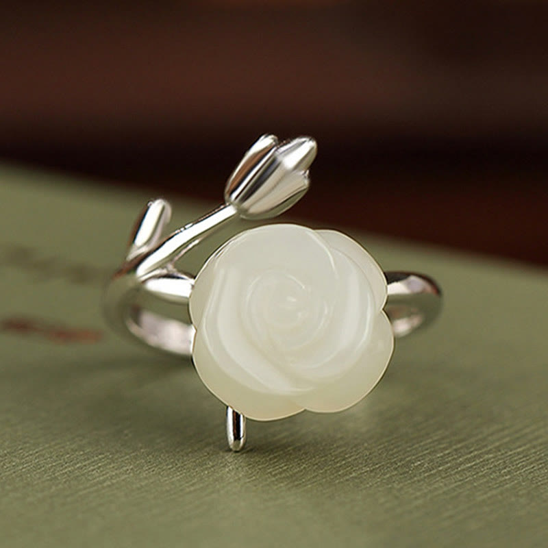 Buddha Stones 925 Sterling Silver Plated Gold Rose Flower Hetian White Jade Happiness Ring - image 9
