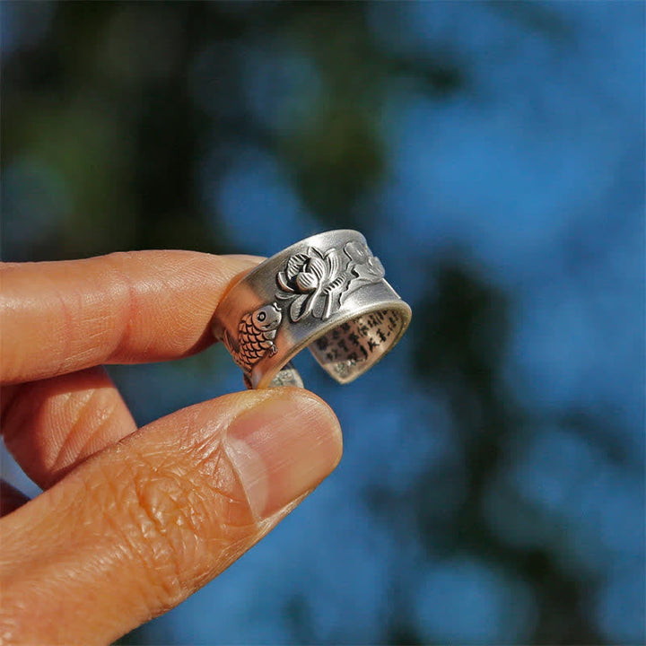 Buddha Stones 999 Sterling Silver Luck Koi Fish Lotus Heart Sutra Wealth Ring - image 3
