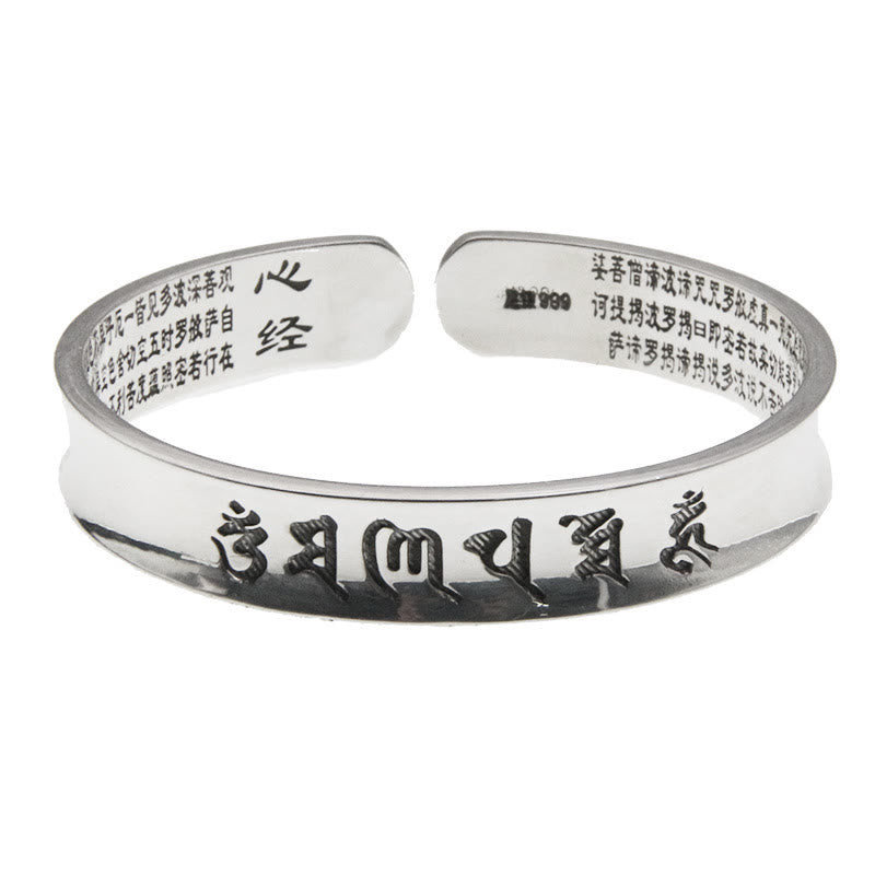 Buddha Stones 999 Sterling Silver Om Mani Padme Hum Heart Sutra Love Peace Bracelet Bangle - 34.97g - image 3