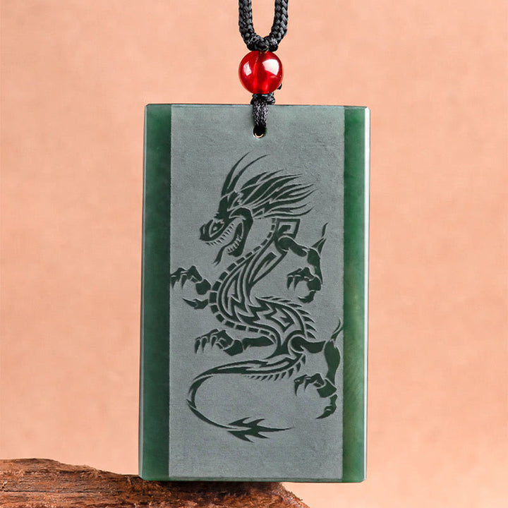 Buddha Stones Hetian Cyan Jade Dragon Engraved Success Necklace Pendant - image 4