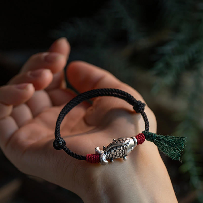 Buddha Stones 925 Sterling Silver Luck Koi Fish Braided Bracelet - image 2