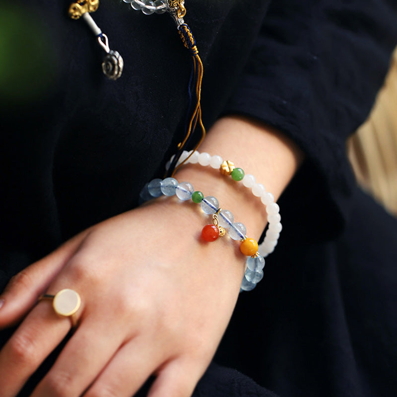 Buddha Stones Aquamarine Red Agate Peace Gourd Charm Bracelet - image 2