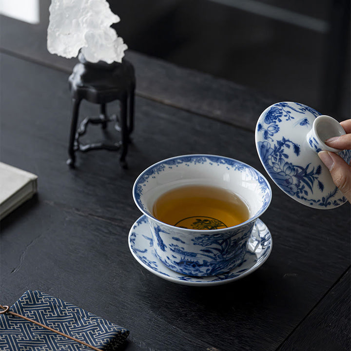 Buddha Stones Blue And White Porcelain Lotus Koi Fish Lion Dance Watermelon Ceramic Gaiwan Sancai Teacup Kung Fu Tea Cup And Saucer With Lid 300ml - image 7