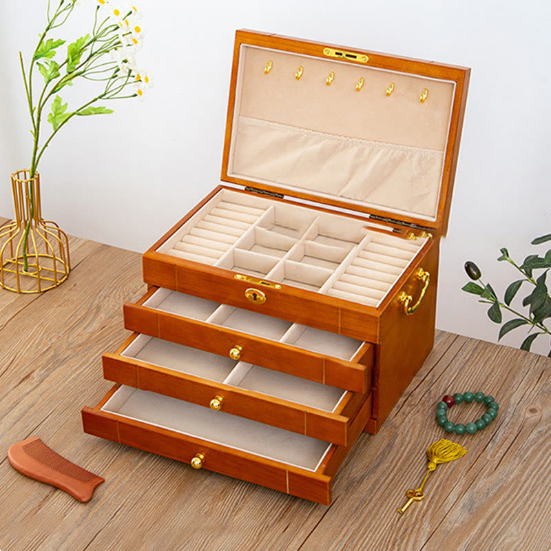 Buddha Stones Retro Solid Wood Jewelry Box Four-Layer Wooden Jewelry Storage Box - 4 Layers Beige Velvet 29*19*18.5cm - image 12
