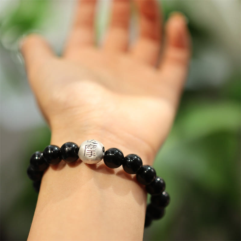 Buddha Stones 925 Sterling Silver Black Onyx Bead Character Engraved Protection Bracelet - image 3