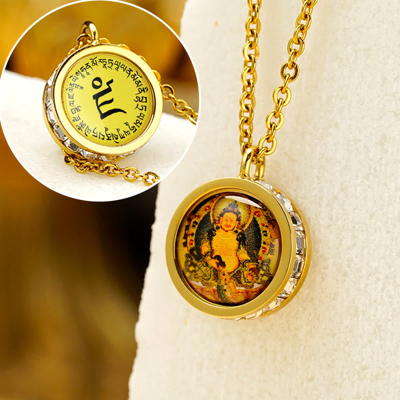 Buddha Stones Tibetan Yellow God Of Wealth Green Tara Buddha Serenity Titanium Steel Necklace Pendant - Front Yellow God Of Wealth Back Mantra - image 0