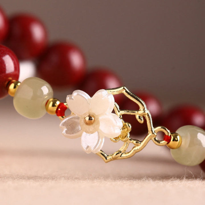 Buddha Stones Natural Cinnabar Jade Beaded Tridacna Stone Flower Blessing Bracelet - image 6
