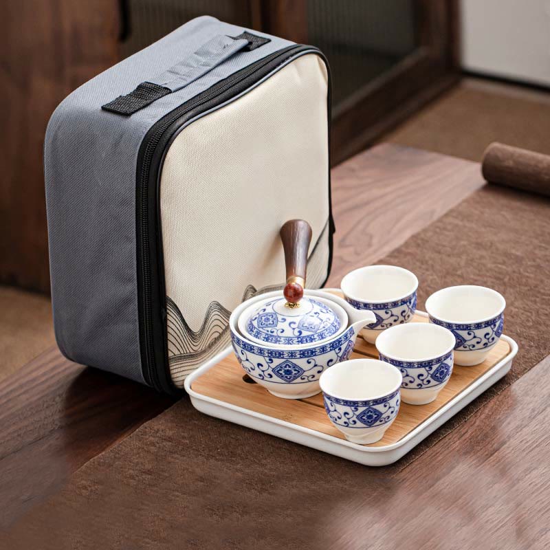 Buddha Stones Chinese Gongfu Tea Set Design Ceramic Teapot Portable Gift Bag - Floral White - image 22