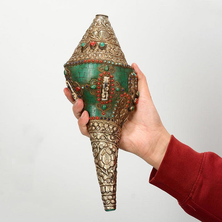 Tibetan Handmade Engraved Shankha Double Dorje Buddha Conch Shell Wealth Positive Decoration - image 3