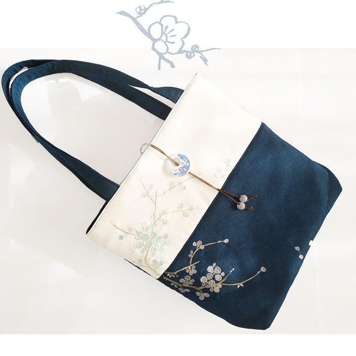 Buddha Stones Pear Flower Plum Peach Blossom Bamboo Embroidery Canvas Large Capacity Shoulder Bag Tote Bag - Dark Blue White Plum - image 28