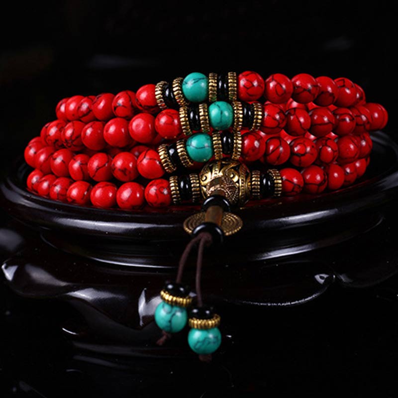 Buddha Stones Tibetan Mala Red Turquoise Lucky Necklace Bracelet - image 1