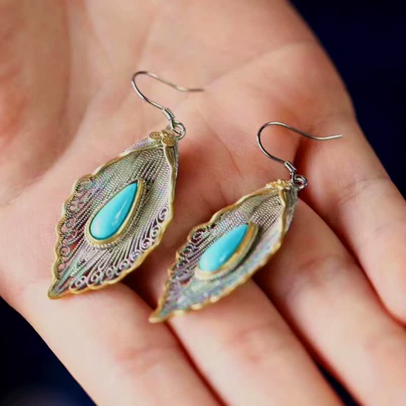 Buddha Stones 925 Sterling Silver Turquoise Bodhi Leaf Pattern Protection Drop Dangle Earrings - image 3