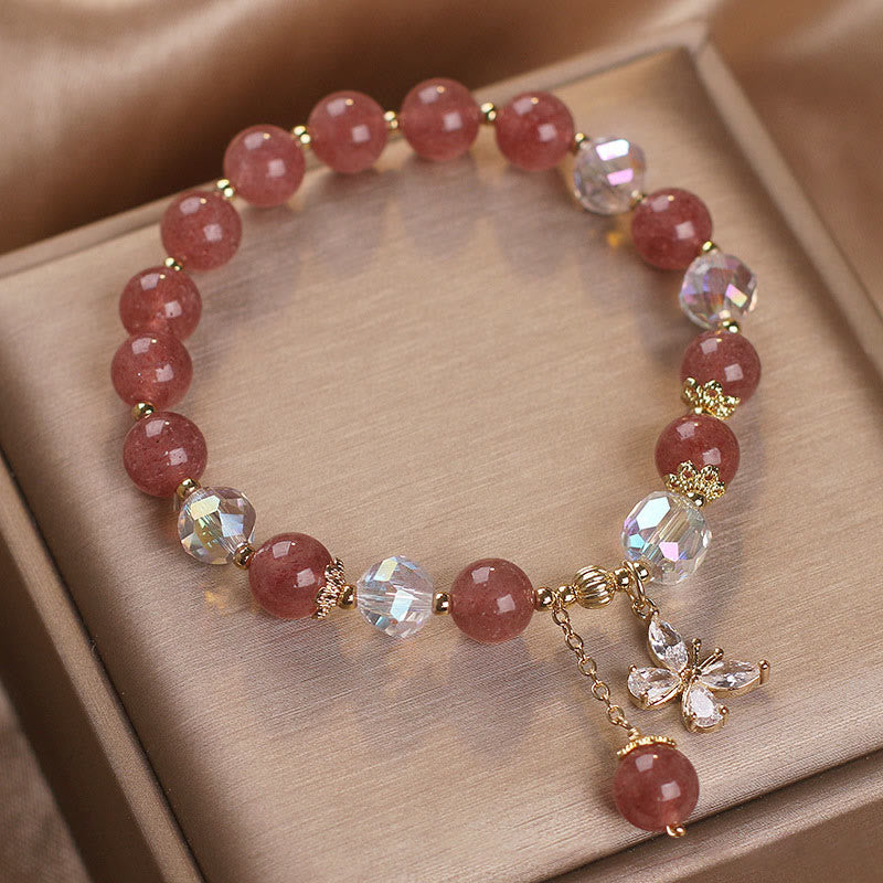 Buddha Stones Natural Strawberry Quartz Love Healing Butterfly Charm Bracelet - image 1