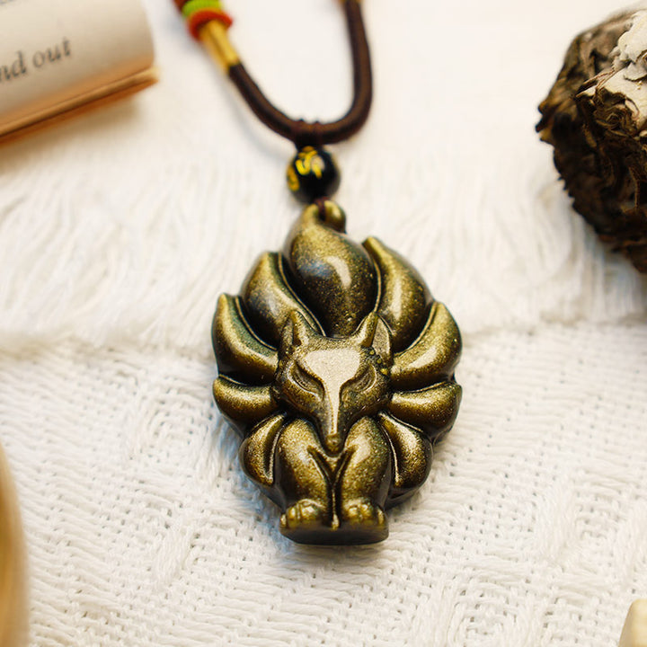 Buddha Stones Natural Rainbow Obsidian Gold Sheen Obsidian Nine Tailed Fox Positive Necklace Pendant - image 11