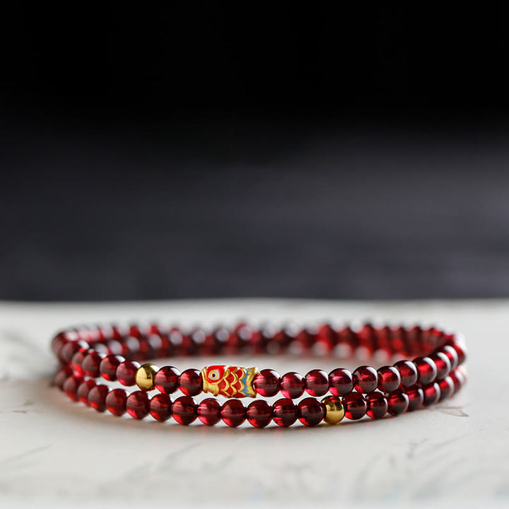 Buddha Stones 999 Gold Koi Fish Natural Garnet Protection Bracelet - 4mm-Garnet&Gold Koi Fish Double Wrap Bracelet - 17cm - image 8