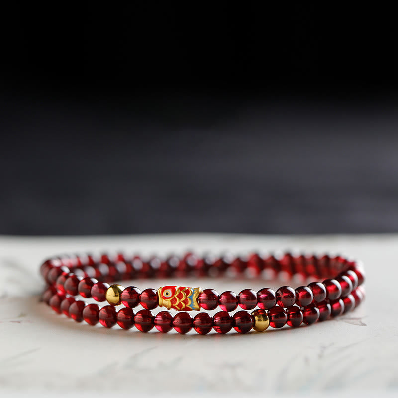 Buddha Stones 999 Gold Koi Fish Natural Garnet Protection Bracelet - 4mm-Garnet&Gold Koi Fish Double Wrap Bracelet - 17cm - image 8