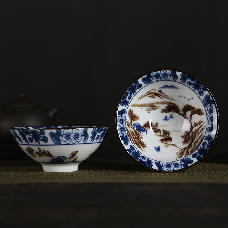 Buddha Stones Flowers Fu Character Mountains Lotus Cherry Blossoms Ceramic Teacup Kung Fu Tea Cup - Blue Mountain Pine Tree 8.5cm*4cm*90ml - image 9