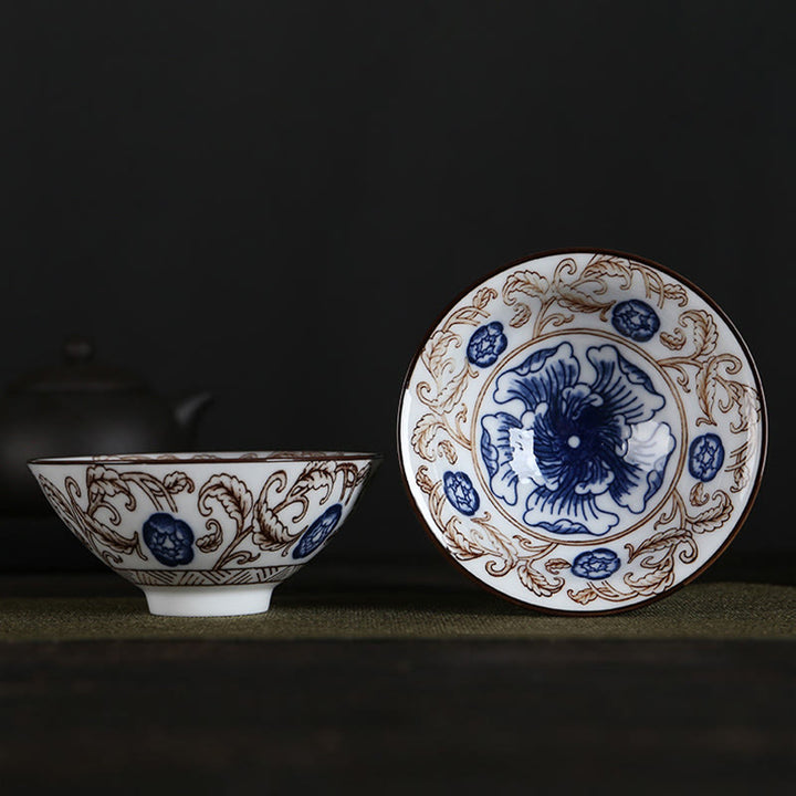 Buddha Stones Flowers Fu Character Mountains Lotus Cherry Blossoms Ceramic Teacup Kung Fu Tea Cup - Blue Flowers Brown Leaves 8.5cm*4cm*90ml - image 32